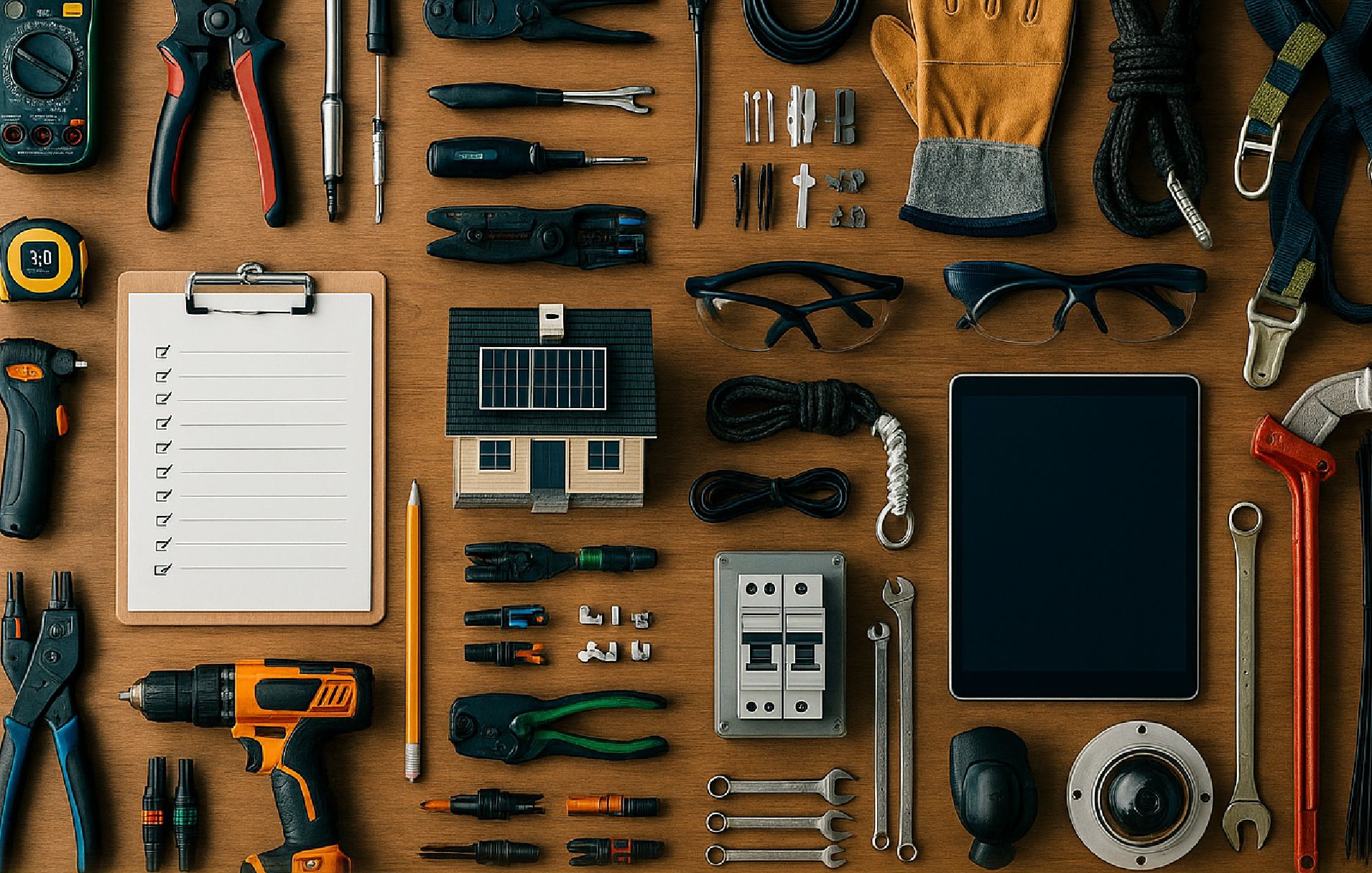 Installation tools, test meter, breakers and a model house laid out on a workbench