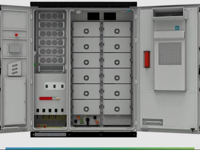 Outdoor battery and inverter cabinet with the doors open